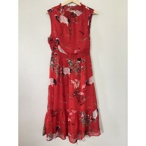 Sofie Schnoor Bird Crane Print Midi Dress Tie Waist Sleeveless‎ Sz S Chiffon